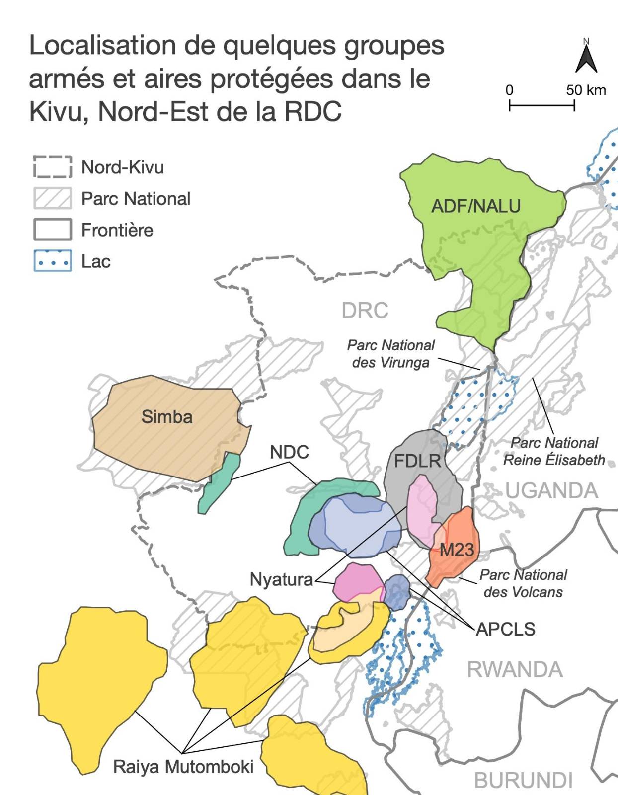Répartition spaciale de quelques groupes armées et aires protégées dans la province du Nord-Kivu, RDC © Keng