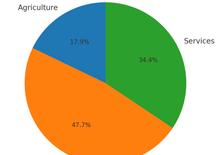 Part du PIB par secteur (2023) – un camembert montrant la répartition entre agriculture (17,4 %), industrie (46,5 %) et services (33,5 %).